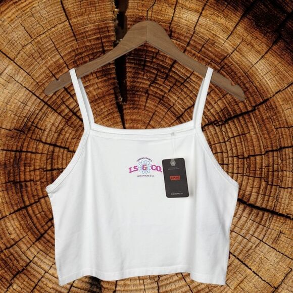 Levis Crop Top Tank Top Floral Graphic Print Stretchy Cream Cotton Size L - Picture 11 of 12